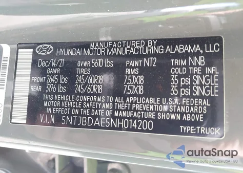 2022 Hyundai Santa Cruz Sel z USA, uszkodzony, nr VIN 5NTJBDAE5NH014200